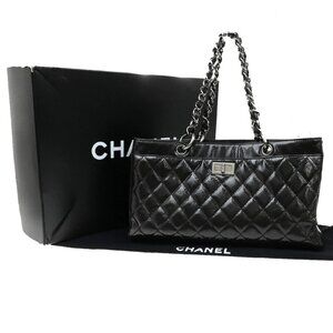 CHANEL Logo 2.55 Chain Shoulder Bag Grained Patent Leather Black SHW
